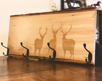 Custom Deer Coat Rack - Deer Hunting Rustic Wood Live Edge Coat Rack Hanger - Country Style Rustic Home Decor Wall Hanging - Rustic Artwork
