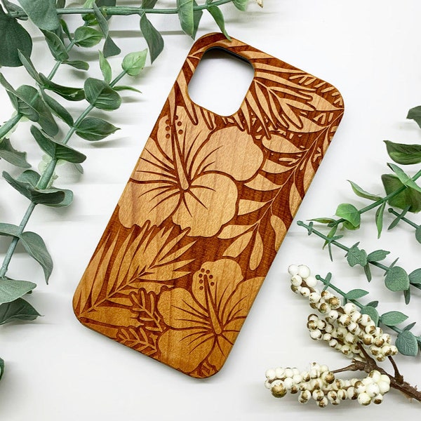 Wooden Engraved Phone Case - Hawaiian Flower and Plants Phone Case - Nature Pattern Print on Phone Case for iPhone 6 7 8 x XS XR Max 11 12