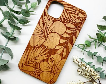 Wooden Engraved Phone Case - Hawaiian Flower and Plants Phone Case - Nature Pattern Print on Phone Case for iPhone 6 7 8 x XS XR Max 11 12