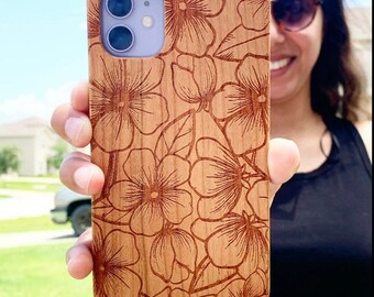 Wooden Engraved Phone Case - Wireless charger - Hawaiian Flower and Plants Phone Case - Nature Pattern Print on Phone Case for iPhone 12 11