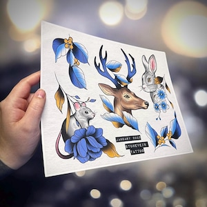 Forest Animal Tattoos January 2025 Flash Sheet Print Collectible Tattoos Neotraditional Flash Sheet Art Neo Traditional Tattoos Gift Ideas