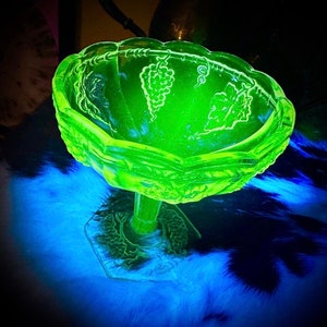 Decorative UV Compote Clear Manganese Glass Glowing UV Depression Glass - Not Uranium Glass - Vintage Antique Glass Collector’s Item Gift