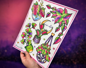 Houseplant Tattoos Tattoo Flash Sheet Print Plant Flash Sheet Neotraditional Flash Sheet Tattoo Art Neo Traditional Tattoos Unique Gift