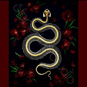 Snake Skeleton with Flowers Print High-Quality Cardstock Gothic Nature-Inspired Wall Art Unique Gift for Wildlife Lover Goth Home Decor Gift