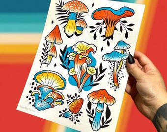 Mushroom Tattoos Mushroom Tattoo Flash Sheet Print Mushroom Tattoos Neotraditional Flash Sheet Tattoo Art Neo Traditional Tattoos Gift Idea