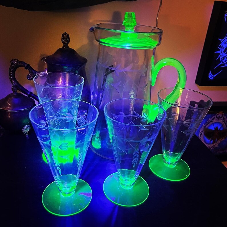 RARE Large Uranium Glass Pitcher Set Depression Glass Etsy
