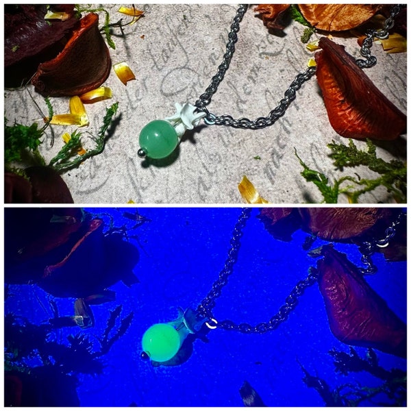 Real Rattlesnake and Uranium Glass Bead Necklace - Uranium Glass Jewelry - Stainless Steel Chain - Gothic Jewelry - Cottage Core Jewelry