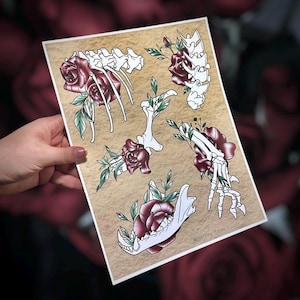 Bone Tattoos Tattoo Flash Sheet Print Rose Tattoos Fun Witchy Flash Sheet Tattoo Animal Tattoos Gift Idea Unique Flash Sheet