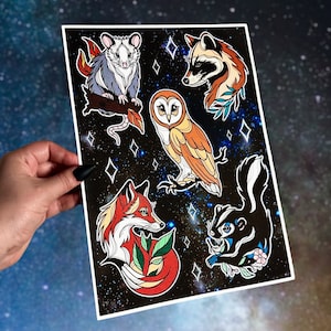 High Quality Gothic Tattoo Flash Sheet Print Nocturnal Animals Cardstock Art Raccoon Skunk Opossum Fox Owl Dark Art Decor Tattoo Inspiration