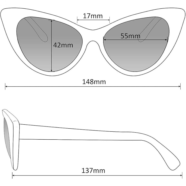 May include: Black cat-eye sunglasses with a 55 mm lens width, 42 mm lens height, 17 mm bridge width, and 148 mm frame width. The sunglasses also have a 137 mm temple length.
