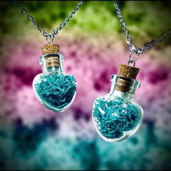 Teal Glass Heart Moss Oddity Jar Necklace - Fairy Necklace - Gothic Jewelry - Cottage Core Jewelry