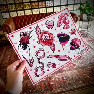 Gothic Valentine’s Tattoo Flash Sheet Print - Heart Flash Sheet - Love Flash Sheet - Tattoo Art - Valentine’s Day Tattoos