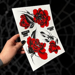 Spider Rose Peony Gothic Tattoos March 2025 Flash Sheet Print Collectible Neotraditional Flash Sheet Art Tattoos Gift Ideas