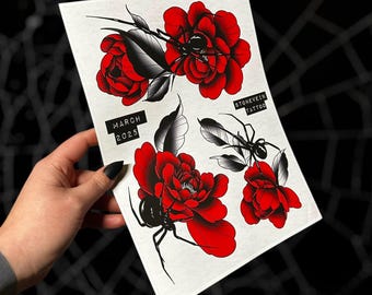 Spider Rose Peony Gothic Tattoos March 2025 Flash Sheet Print Collectible Neotraditional Flash Sheet Art Tattoos Gift Ideas
