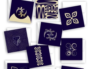 African Adinkra Symbol Greeting Cards (Set of 10) - Assorted All Occasion Blank Cards - Modern Minimalist Designs