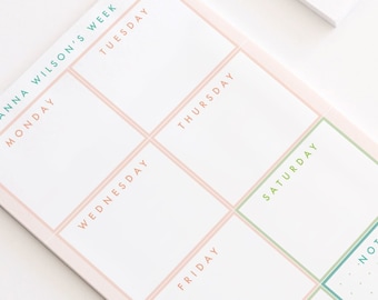 Personalized Weekly Notepad in Coral and Teal | Modern Minimalist Weekly Planner Notepad