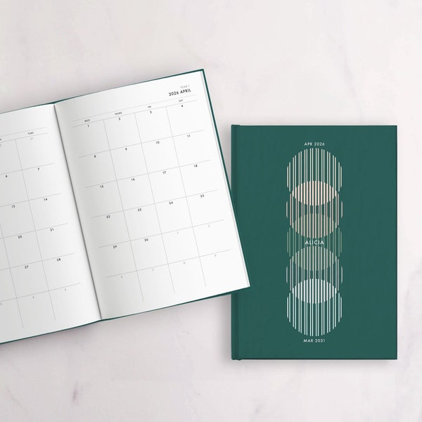 Personalized 5-Year Planner - 60 month calendar | Start any month | Forest Green | Month on 2 Pages | A5, B5, 8.5x11 | Hardcover, softcover