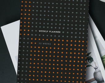 Dark Grey Undated Weekly Planner Book | Modern Minimalist Horizontal / Vertical Layout | 52 weeks, 12 months