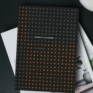 Dark Grey Undated Weekly Planner Book | Modern Minimalist Horizontal / Vertical Layout | 52 weeks, 12 months