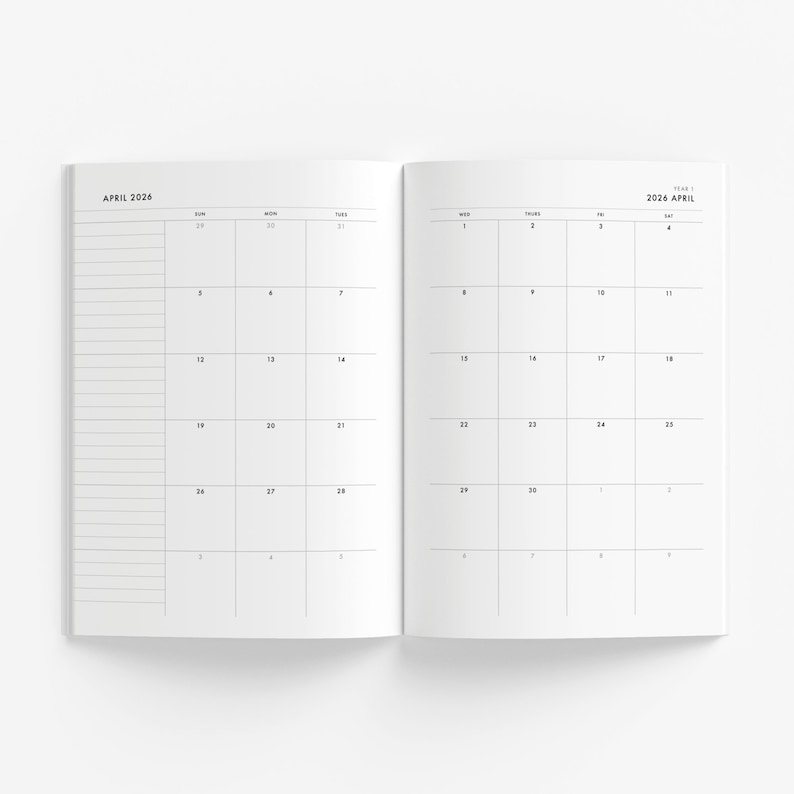 May include: Open notebook with a calendar spread for April 2026. The left page has lined sections, while the right page displays a grid calendar. The text "APRIL 2026" is at the top of the left page, and "2026 APRIL" is at the top of the right page.