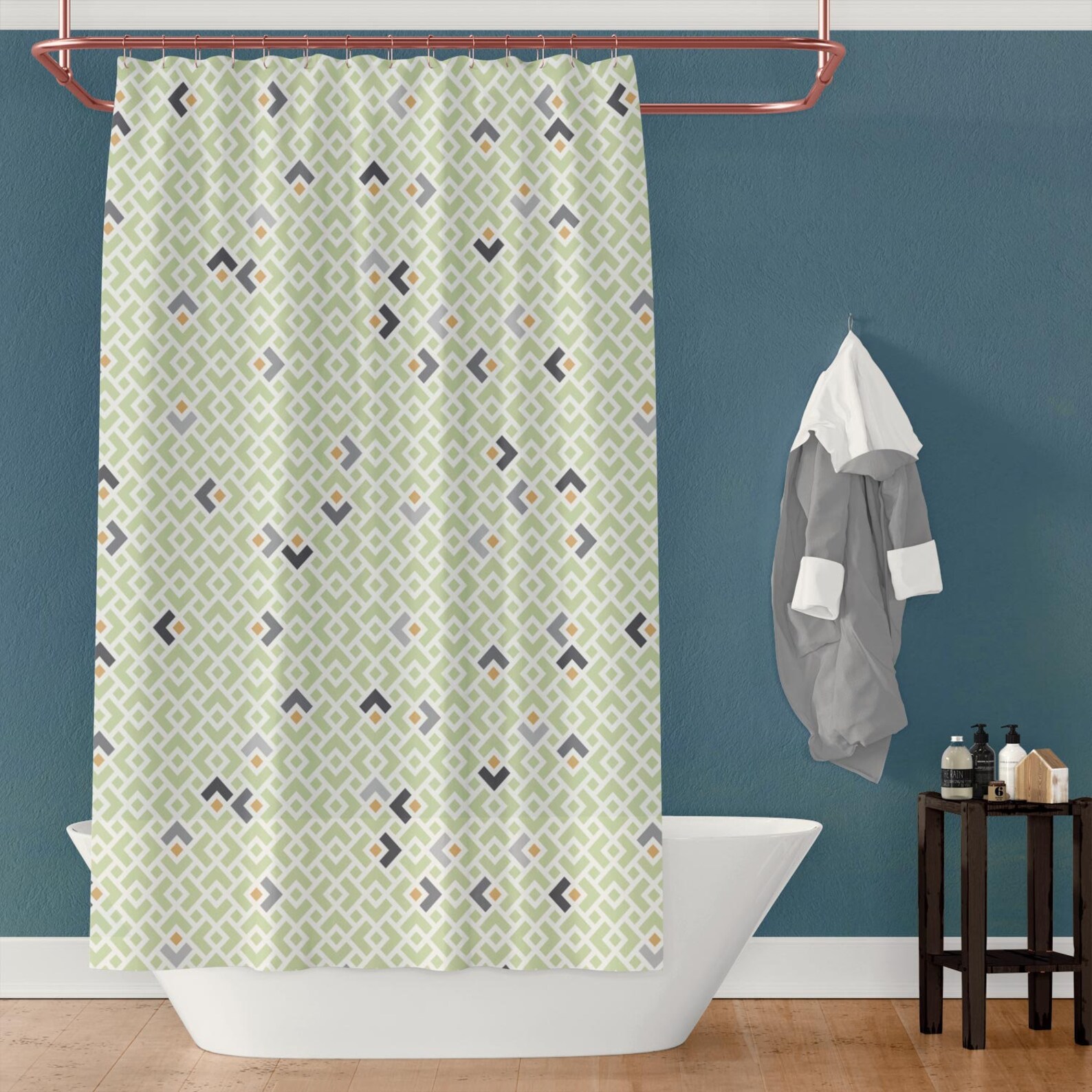 Playful Mint Green Shower Curtain With Diamond Pattern Gray Etsy