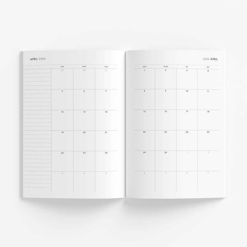 May include: A blank monthly calendar for April 2026. The calendar is divided into seven columns for each day of the week, with the days of the week labeled at the top. The calendar is printed on white paper.