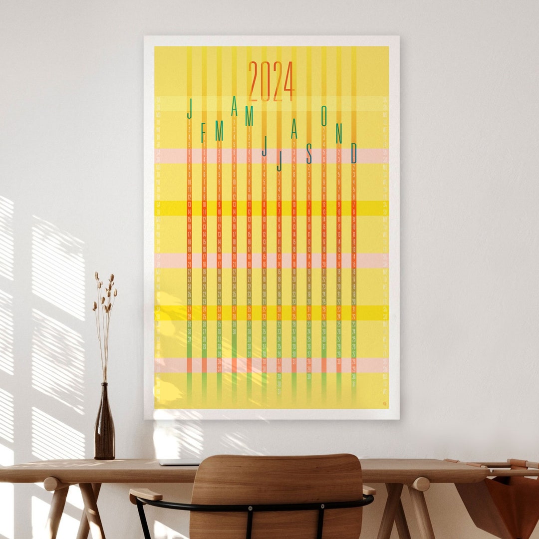 2024 Yearataglance Wall Calendar Poster yellow Large Designer Calendar Art 24x36, 18x24
