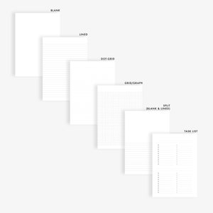 May include: A set of six different notebook pages, including blank, lined, dot-grid, grid/graph, split (blank & lined), and task list.