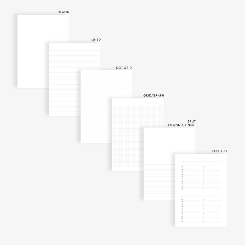 May include: A set of six different notebook pages, including blank, lined, dot-grid, grid/graph, split (blank & lined), and task list.