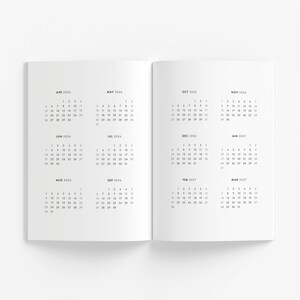 May include: A two-page spread of a calendar planner with monthly views for April 2024 through March 2027. The calendar is printed in black ink on white paper.