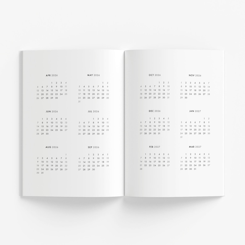 May include: A two-page spread of a calendar planner with monthly views for April 2024 through March 2027. The calendar is printed in black ink on white paper.