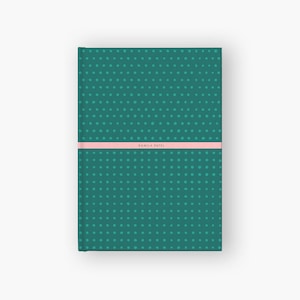 May include: A teal green notebook with a polka dot pattern and a pink stripe with the name "Kamila Patel" printed on it.
