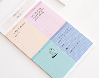 Mix & Match Personalized 4 Quadrant Notepad | Task List, Dot-Grid, Grid/Graph, Blank - Fun and Happy, Candy Colors