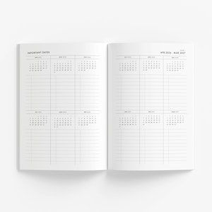 May include: Open notebook with calendar pages for April 2026 to March 2027. The left page has the heading "IMPORTANT DATES" and includes calendars for April, May, June, July, August, and September 2026. The right page has calendars for October, November, and December 2026, and January, February, and March 2027.