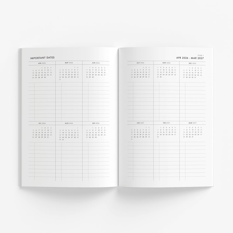 May include: Open notebook with calendar pages for April 2026 to March 2027. The left page has the heading "IMPORTANT DATES" and includes calendars for April, May, June, July, August, and September 2026. The right page has calendars for October, November, and December 2026, and January, February, and March 2027.