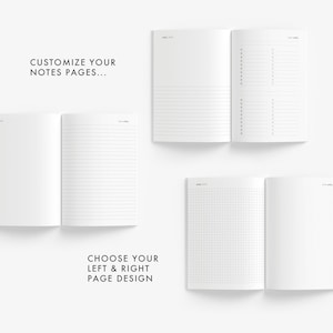 May include: Two open notebooks with different page designs. The left page of the top notebook has lined paper, while the right page has a list format. The left page of the bottom notebook has grid paper, while the right page is blank. The text "Customize your notes pages..." appears above the top notebook, and the text "Choose your left & right page design" appears below the bottom notebook.