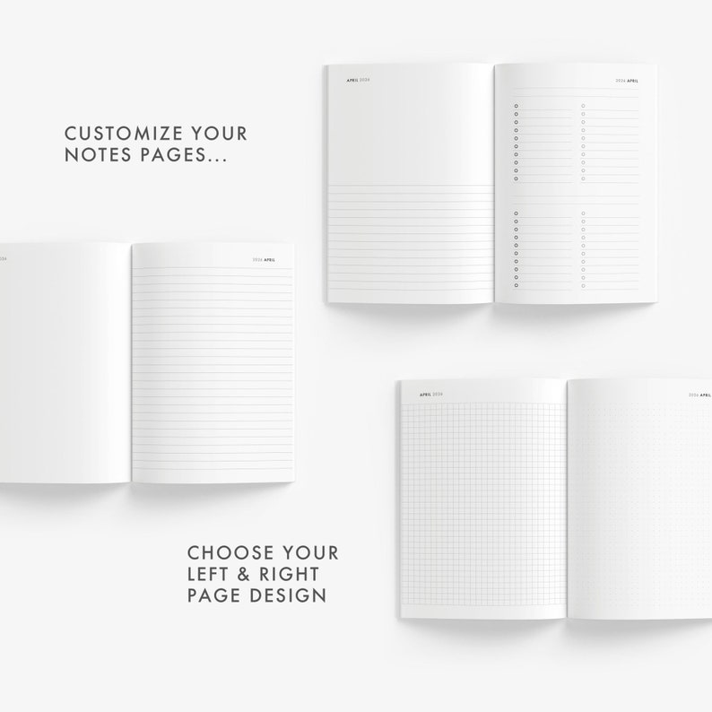 May include: Two open notebooks with different page designs. The left page of the top notebook has lined paper, while the right page has a list format. The left page of the bottom notebook has grid paper, while the right page is blank. The text "Customize your notes pages..." appears above the top notebook, and the text "Choose your left & right page design" appears below the bottom notebook.
