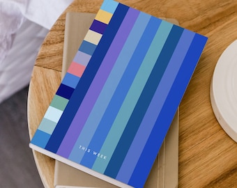 Undated Weekly Planner with Blue Stripes | Modern Horizontal or Vertical Layout - 52 weeks, 12 months