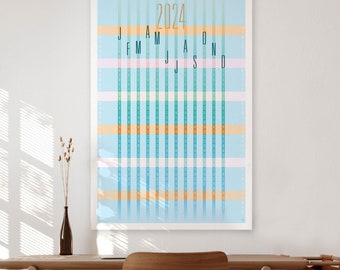 2024 Year-at-a-Glance Wandkalender Poster (Blau) | Großer Designer Kalender Kunst - 24x36, 18x24, 12x18 inches | Auffälliges modernes Design