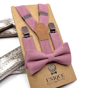 Dusty Rose Suspenders, Linen Suspender Bowtie Set, Suspender Necktie, Wedding Suspenders, Groomsmen Suspenders