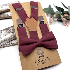 Burgundy Suspenders, Linen Suspender Bowtie Set, Suspender Necktie, Wedding Suspenders, Groomsmen Suspenders