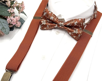 Burnt Orange Suspenders, Terracotta Bow tie, Bow Tie, Suspender Bow Tie, Wedding Suspenders, Groomsmen Suspenders, Ring bearer outfit