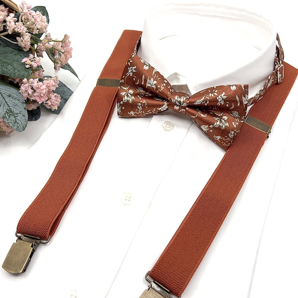 Burnt Orange Suspenders, Terracotta Bow tie, Bow Tie, Suspender Bow Tie, Wedding Suspenders, Groomsmen Suspenders, Ring bearer outfit