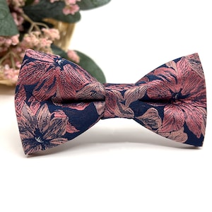 Dusty Rose Floral Bow Tie: Navy Blue Wedding Groomsmen Bowtie