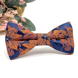 Floral Bow Tie: Burnt Orange & Navy Blue, Wedding Groomsmen
