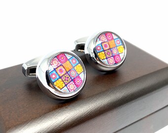 Silver Cufflinks, Wedding Cufflinks, Rug pattern Cufflinks, Groom cufflink, Mens Gift, Grooms Gift, Fiance Anniversary Gift