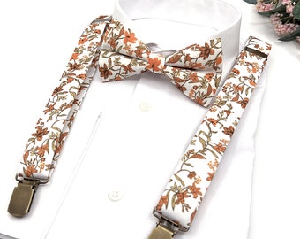 Floral Suspenders, Terracotta Bow tie, Bow Tie, Suspender Bow Tie, Wedding Suspenders, Groomsmen Suspenders, Ring bearer outfit