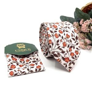 Burnt Orange Floral Necktie: Wedding Groomsmen Gift Tie