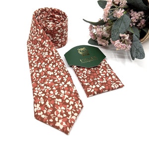 Burnt Orange Necktie, Floral Neckties, Same matching, Groom necktie, Wedding tie, Mens necktie, Pocket square set