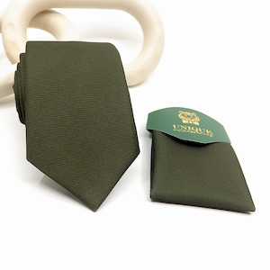 Olive Green Necktie: Wedding Groom Groomsmen Tie, Matching Pocket Square